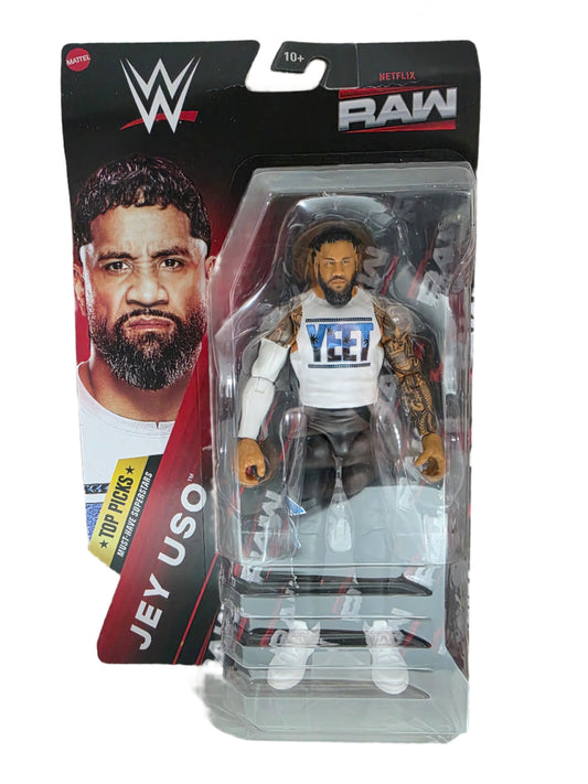 WWE action figure packaging with Jey Uso on a white background