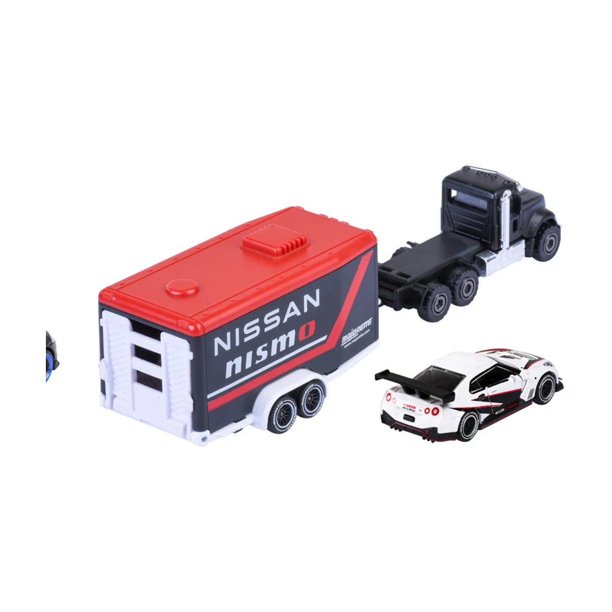 Mack Granite & Nissan GT-R Nismo GT3 - Majorette Racing Trailer Set - Complete unboxed set, rear view
