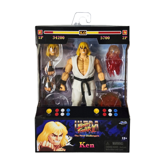 Ken Player 2 White Gi - Ultra Street Fighter II 1:12 Figure - Jada Toys - Exact packaging on white