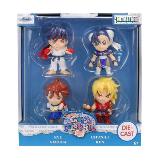 Super Gem Fighter - Ryu, Ken, Chun-Li & Sakura Metalfigs 4-Pack - Jada - Exact packaging on white