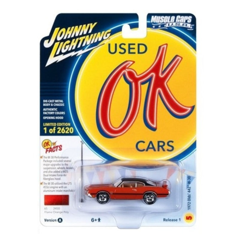 Johnny Lightning 1972 Oldsmobile 442 W30 Flame Orange Poly With Black Roof