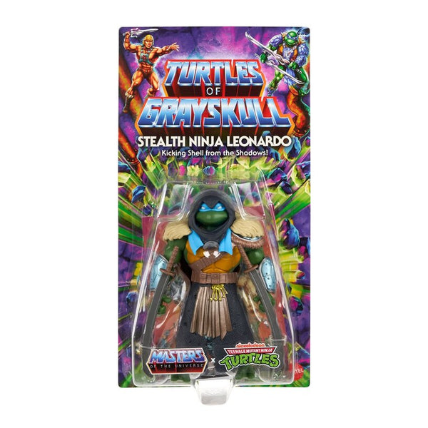 Stealth Ninja Leonardo - MOTU X TMNT Origins Turtles of Grayskull Wave 4 - exact packaging on white