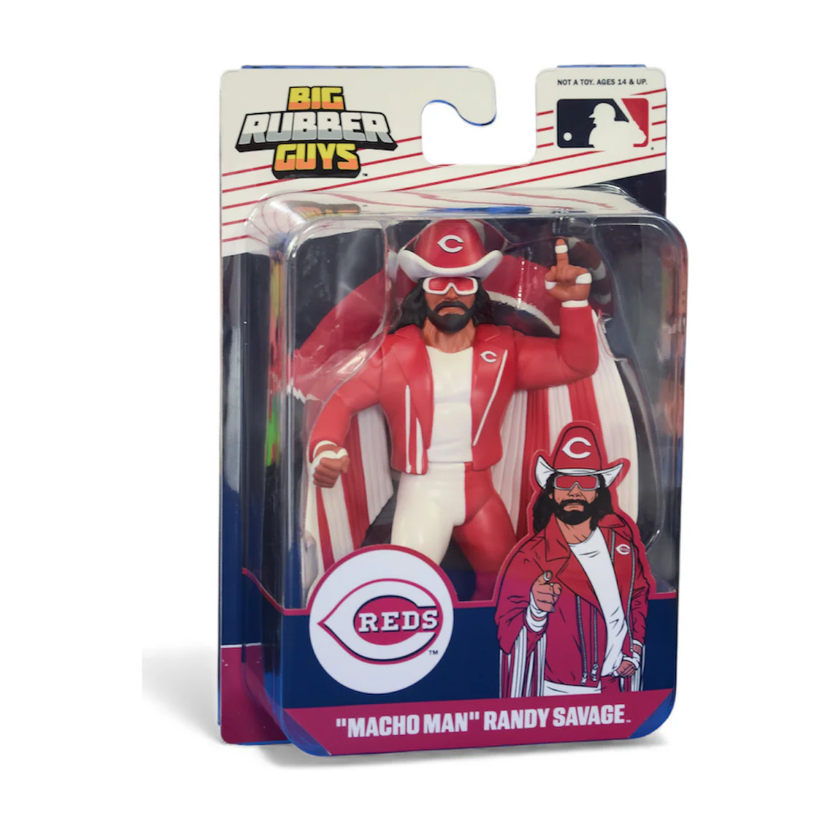 Major Big Rubber Guys Macho Man Randy Savage Cincinnati Reds 8-Inch Figure - Exact Cincinnati Reds Macho Man packaging on white