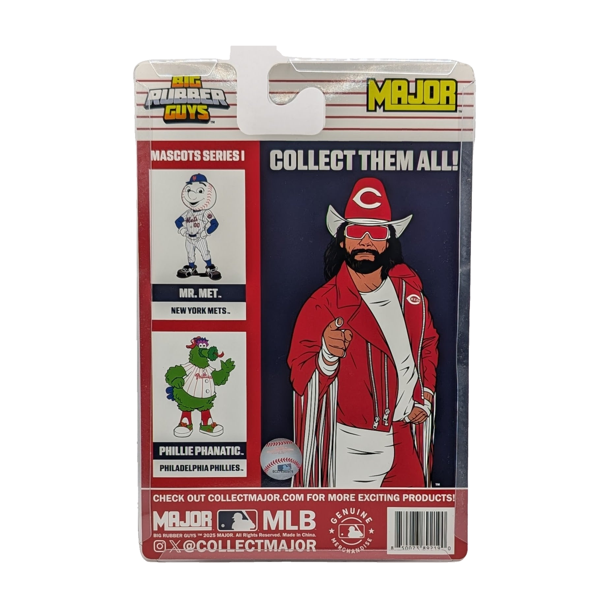 Major Big Rubber Guys Macho Man Randy Savage Cincinnati Reds 8-Inch Figure - Exact Cincinnati Reds Macho Man packaging rear on white