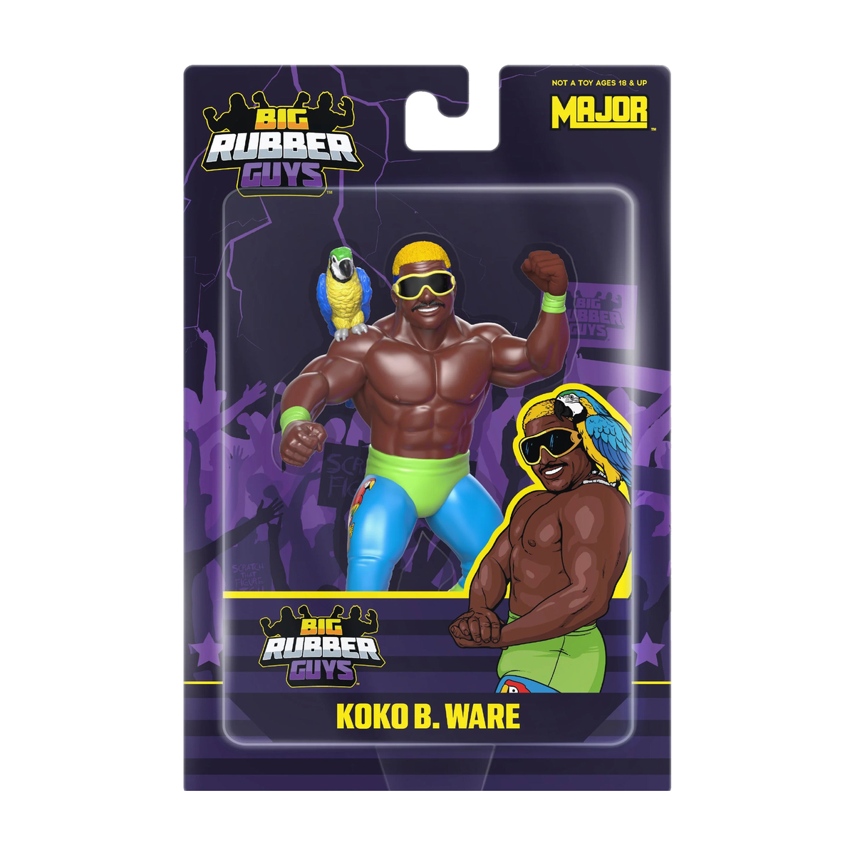 Major Big Rubber Guys Koko B. Ware 8-Inch Figure - Exact Koko B. Ware Big Rubber Guys packaging on white