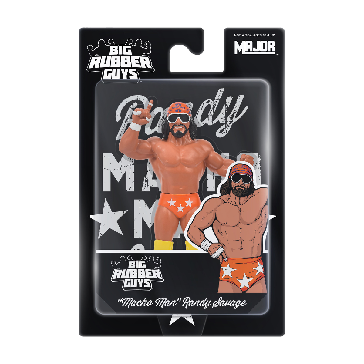 Major Big Rubber Guys Macho Man Randy Savage Orange 2026 8-Inch Figure — Exact retail packaging on white
