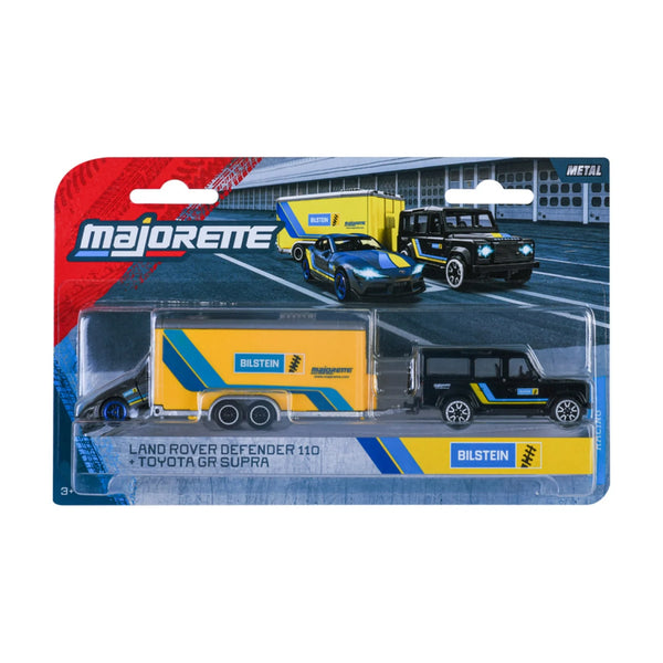 Land Rover Defender 110 & Toyota GR Supra - Majorette Racing Trailer Set - Exact packaged three-piece set