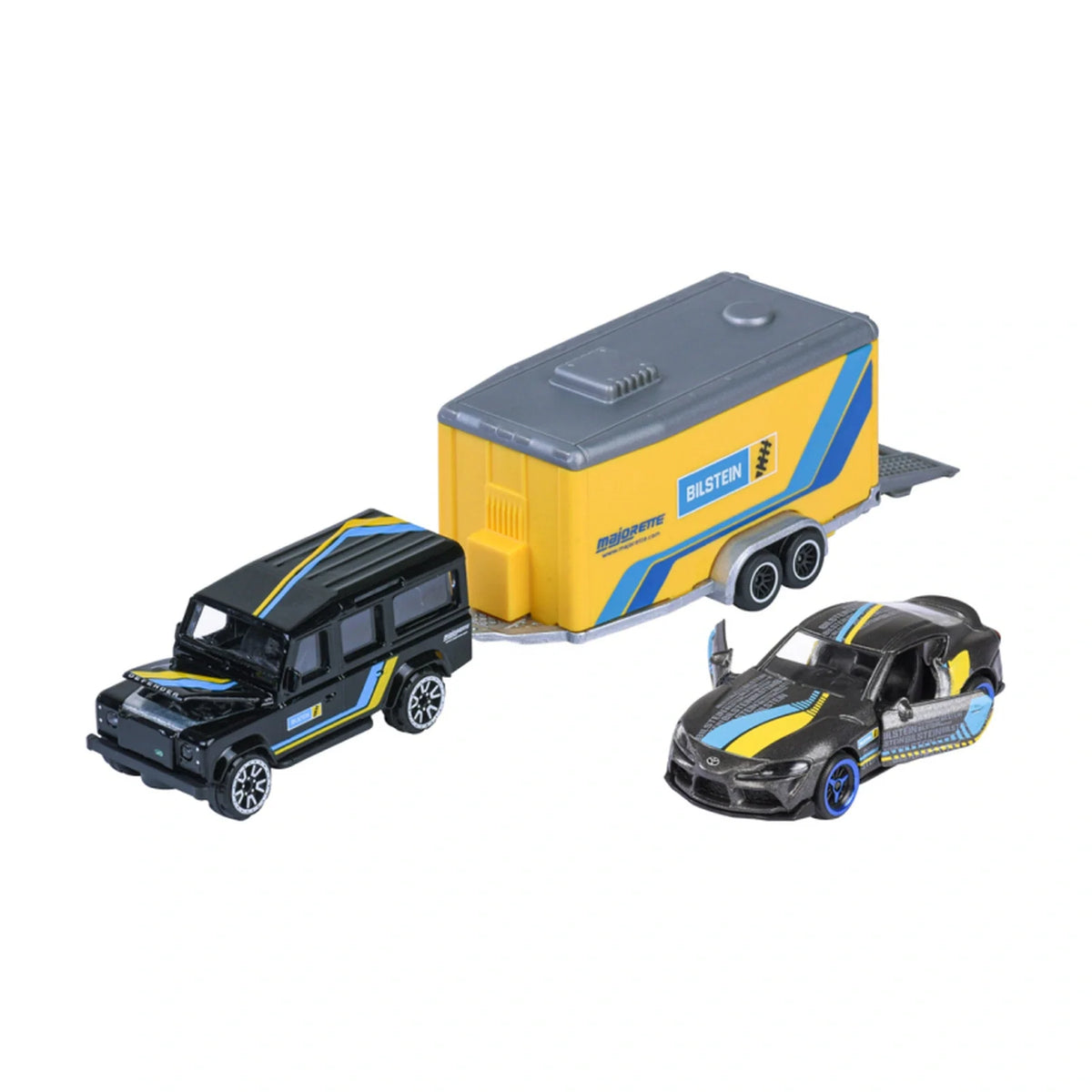 Land Rover Defender 110 & Toyota GR Supra - Majorette Racing Trailer Set - Complete unboxed set, front view