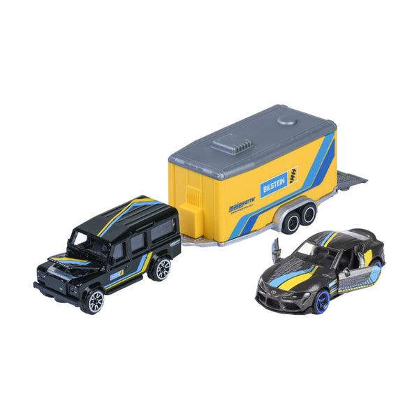 Land Rover Defender 110 & Toyota GR Supra - Majorette Racing Trailer Set - Complete unboxed set, front view