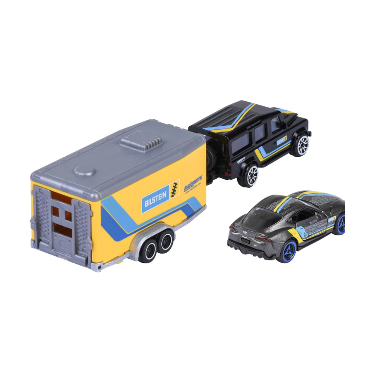Land Rover Defender 110 & Toyota GR Supra - Majorette Racing Trailer Set - Complete unboxed set, rear view