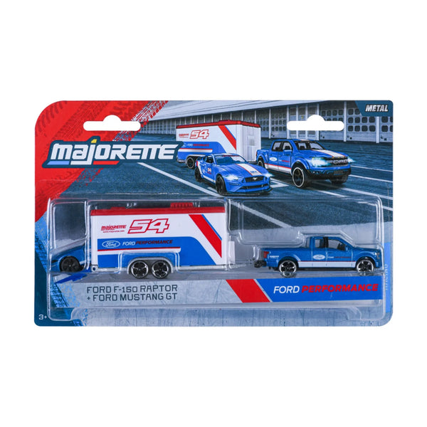 Ford F-150 Raptor & Mustang GT - Majorette Racing Trailer Set - Exact packaged three-piece set
