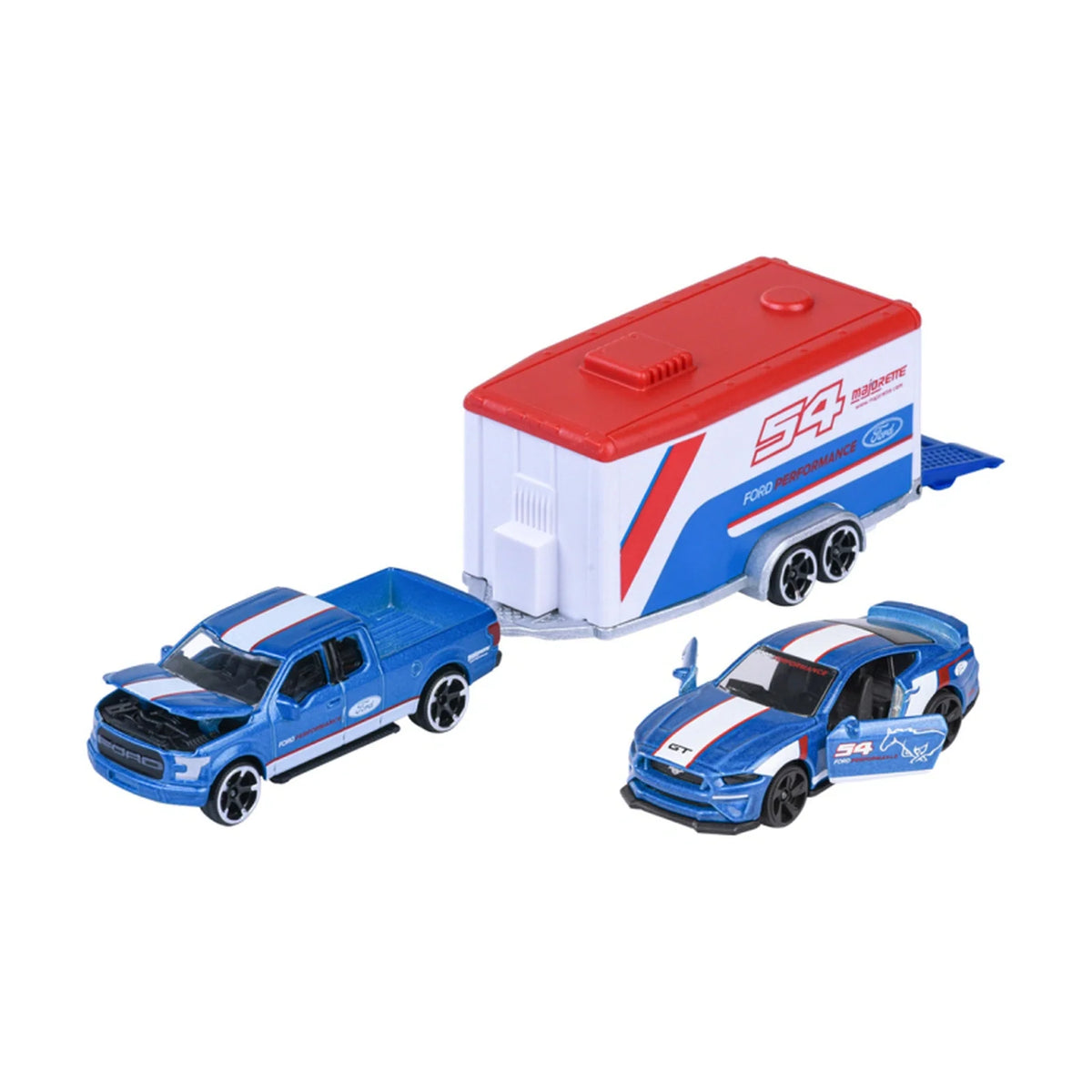 Ford F-150 Raptor & Mustang GT - Majorette Racing Trailer Set - Complete unboxed set, front view
