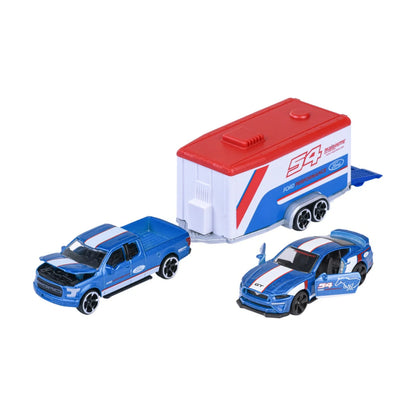 Ford F-150 Raptor & Mustang GT - Majorette Racing Trailer Set - Complete unboxed set, front view