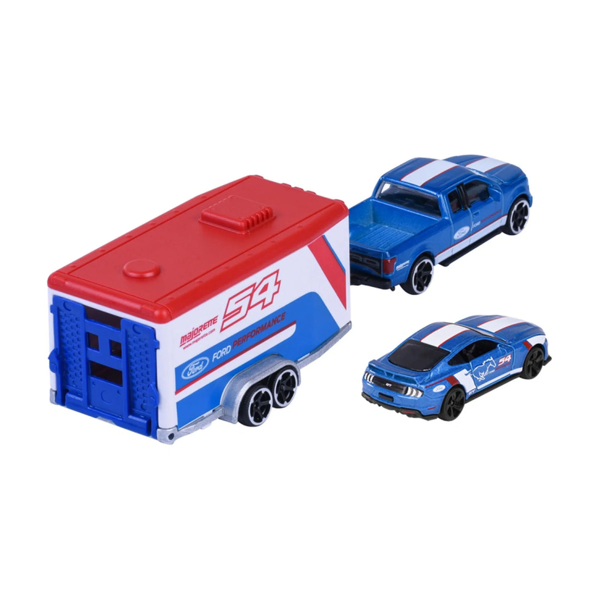 Ford F-150 Raptor & Mustang GT - Majorette Racing Trailer Set - Complete unboxed set, rear view