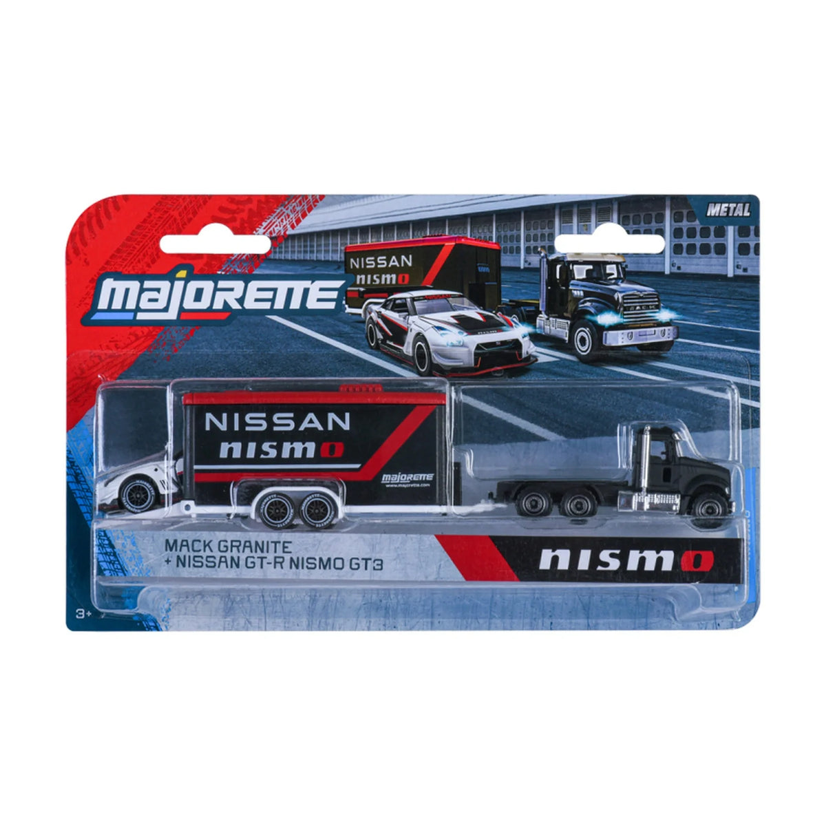 Mack Granite & Nissan GT-R Nismo GT3 - Majorette Racing Trailer Set - Exact packaged three-piece set