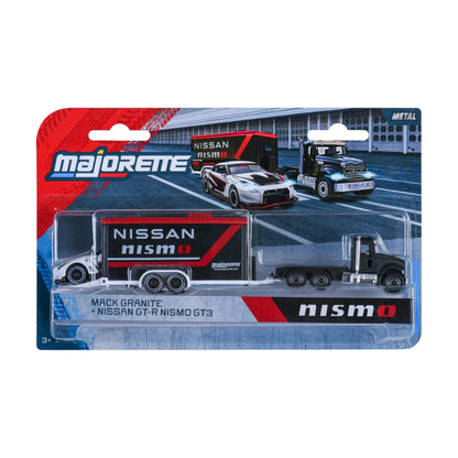 Mack Granite & Nissan GT-R Nismo GT3 - Majorette Racing Trailer Set - Exact packaged three-piece set