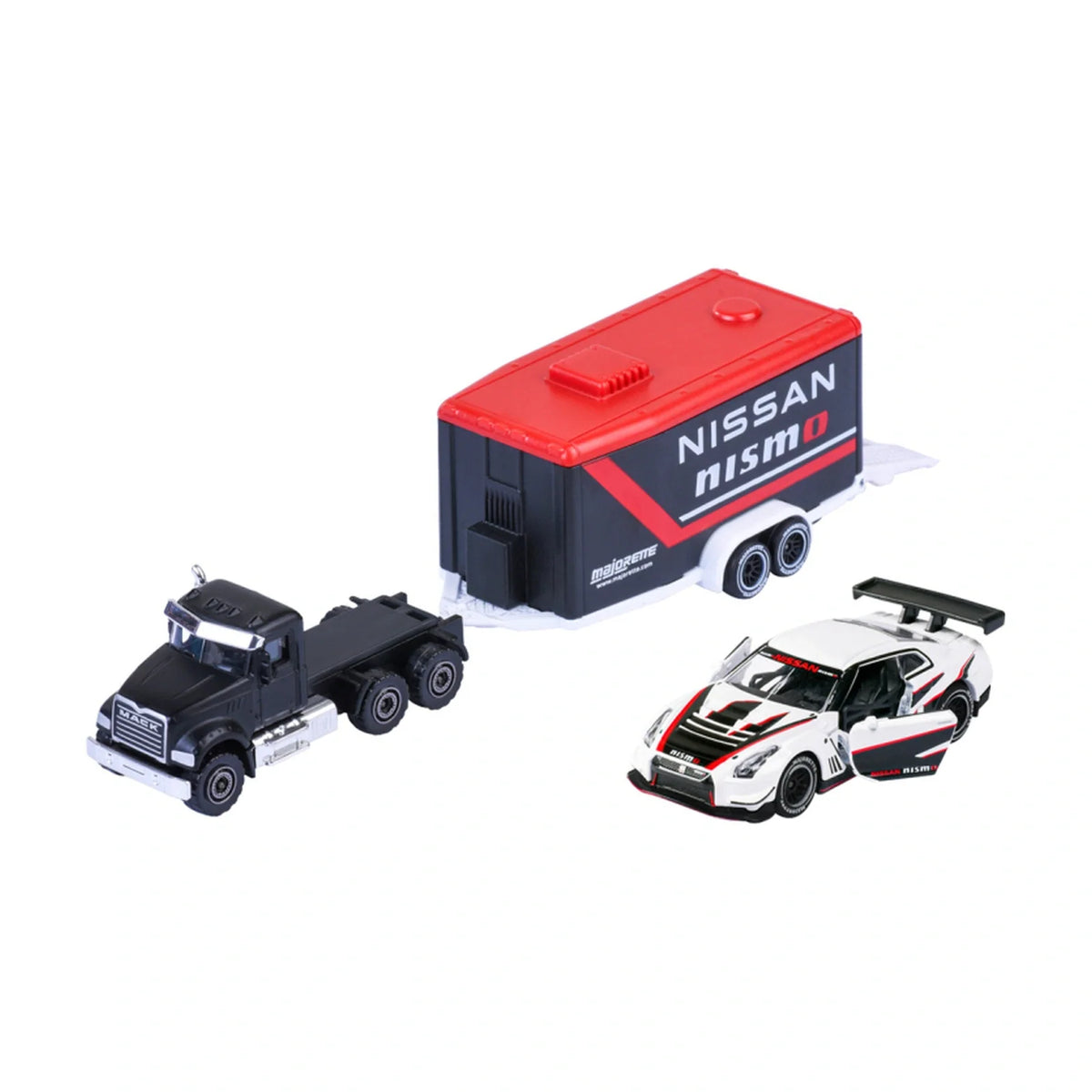 Mack Granite & Nissan GT-R Nismo GT3 - Majorette Racing Trailer Set - Complete unboxed set, front view