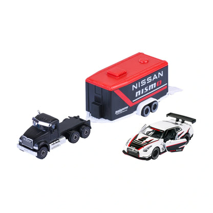 Mack Granite & Nissan GT-R Nismo GT3 - Majorette Racing Trailer Set - Complete unboxed set, front view