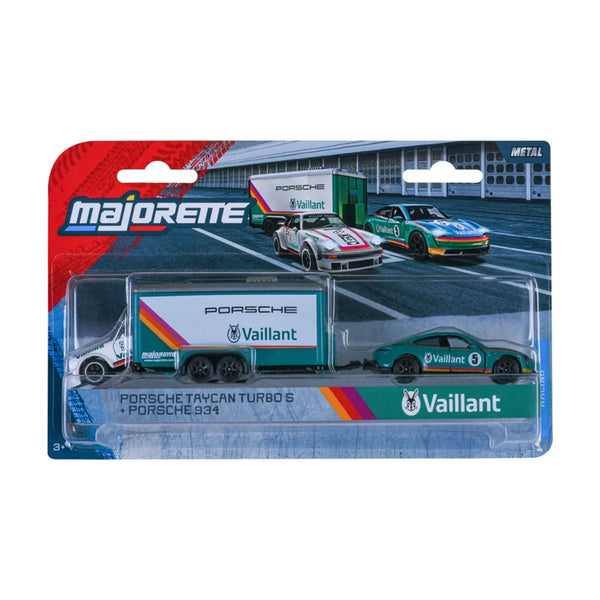 Porsche Taycan Turbo S & Porsche 934 - Majorette Racing Trailer Set - Exact packaged three-piece set