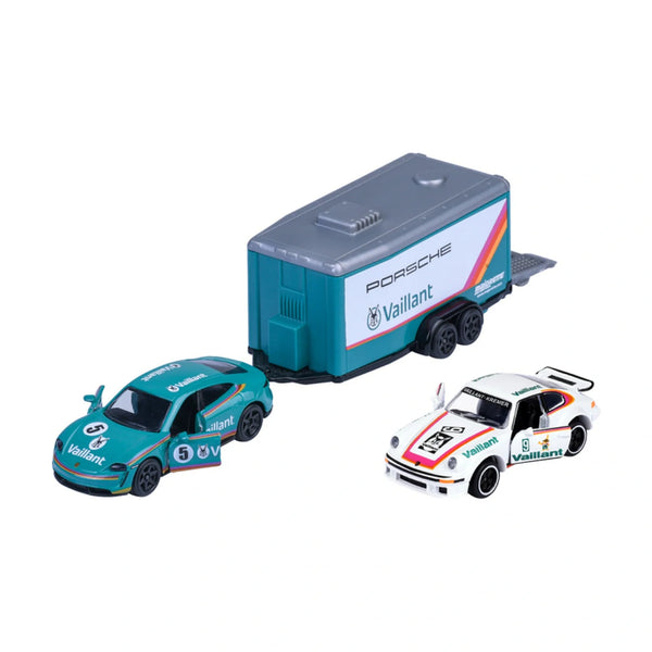 Porsche Taycan Turbo S & Porsche 934 - Majorette Racing Trailer Set - Complete unboxed set, front view
