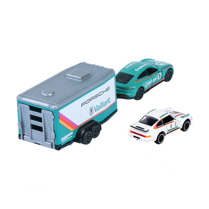 Porsche Taycan Turbo S & Porsche 934 - Majorette Racing Trailer Set - Complete unboxed set, rear view