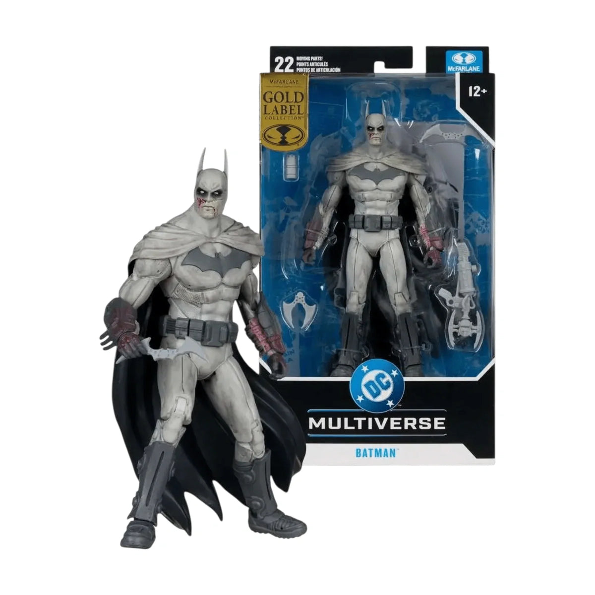 Batman Arkham City Bloody Gold Label - DC Multiverse 7-Inch Figure - Exact boxed figure with complete unboxed display