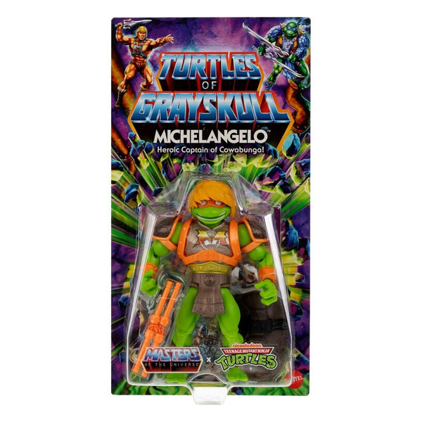 MOTU X TMNT Origins Michelangelo Turtles of Grayskull Wave 3 Figure - exact packaging on white
