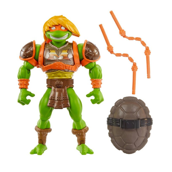 MOTU X TMNT Origins Michelangelo Turtles of Grayskull Wave 3 Figure - complete product view on white
