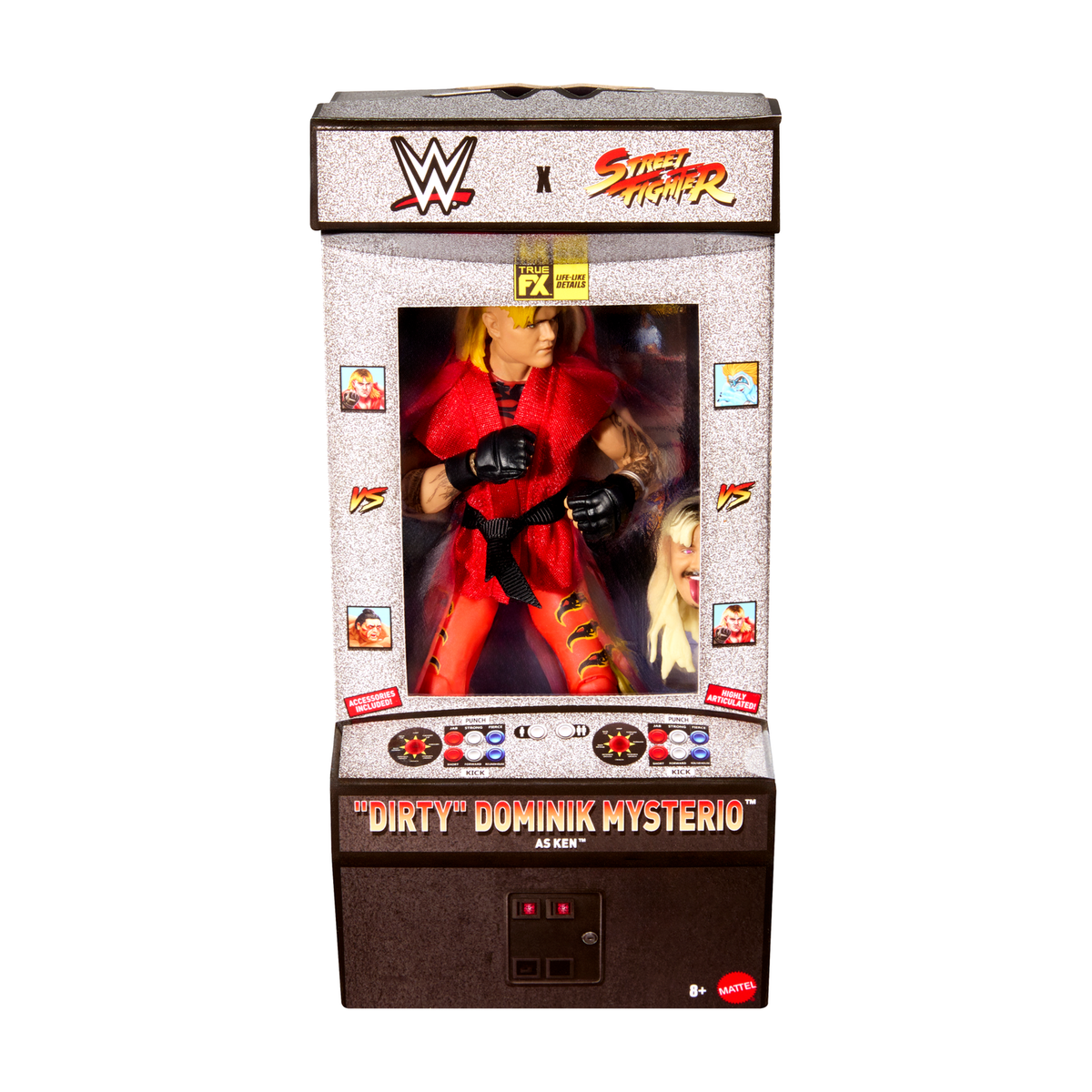 Dominik Mysterio as Ken - WWE x Street Fighter Elite Series 3 Figure - Complete product in alternate view; original photograph background retained