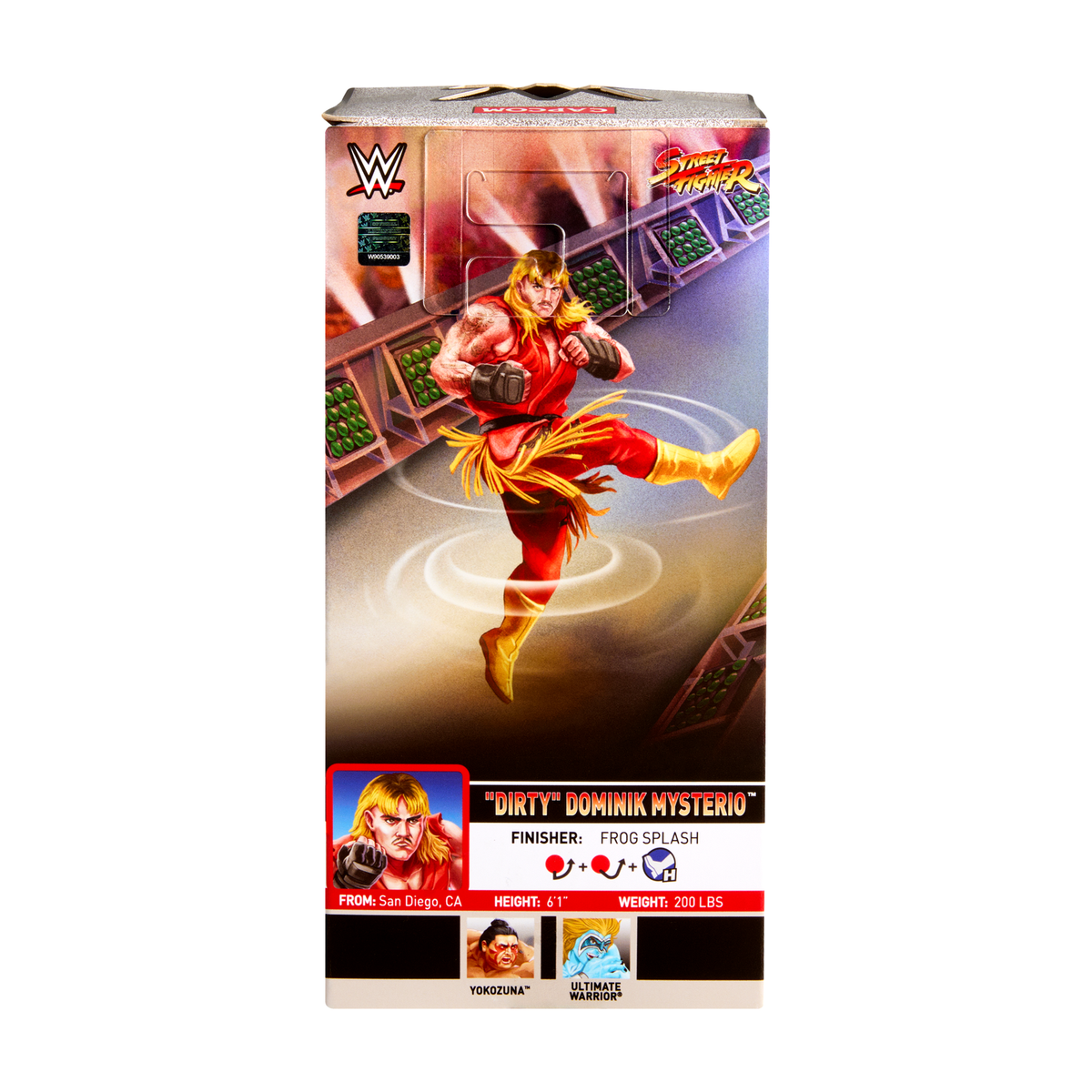 Dominik Mysterio as Ken - WWE x Street Fighter Elite Series 3 Figure - Complete product in alternate view; original photograph background retained