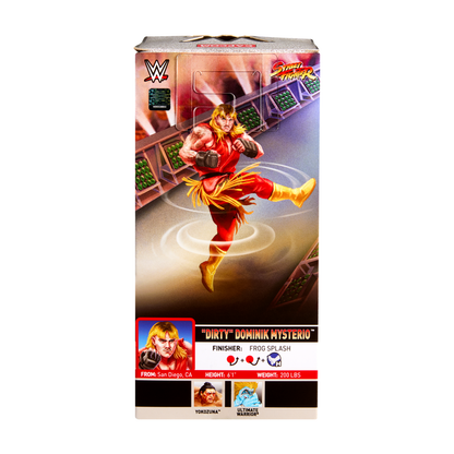 Dominik Mysterio as Ken - WWE x Street Fighter Elite Series 3 Figure - Complete product in alternate view; original photograph background retained